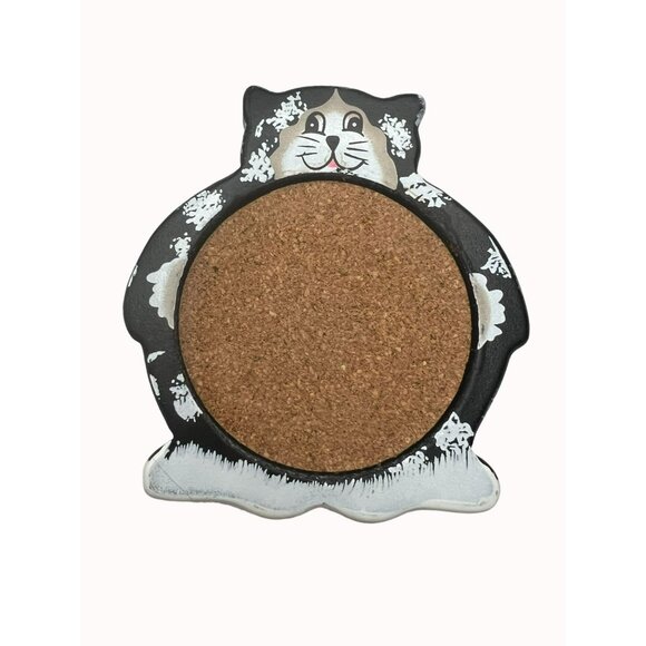 Set Of 4 Kitty Cat Coasters Hand Painted with Carrier Cork Center Black & White - Picture 8 of 9